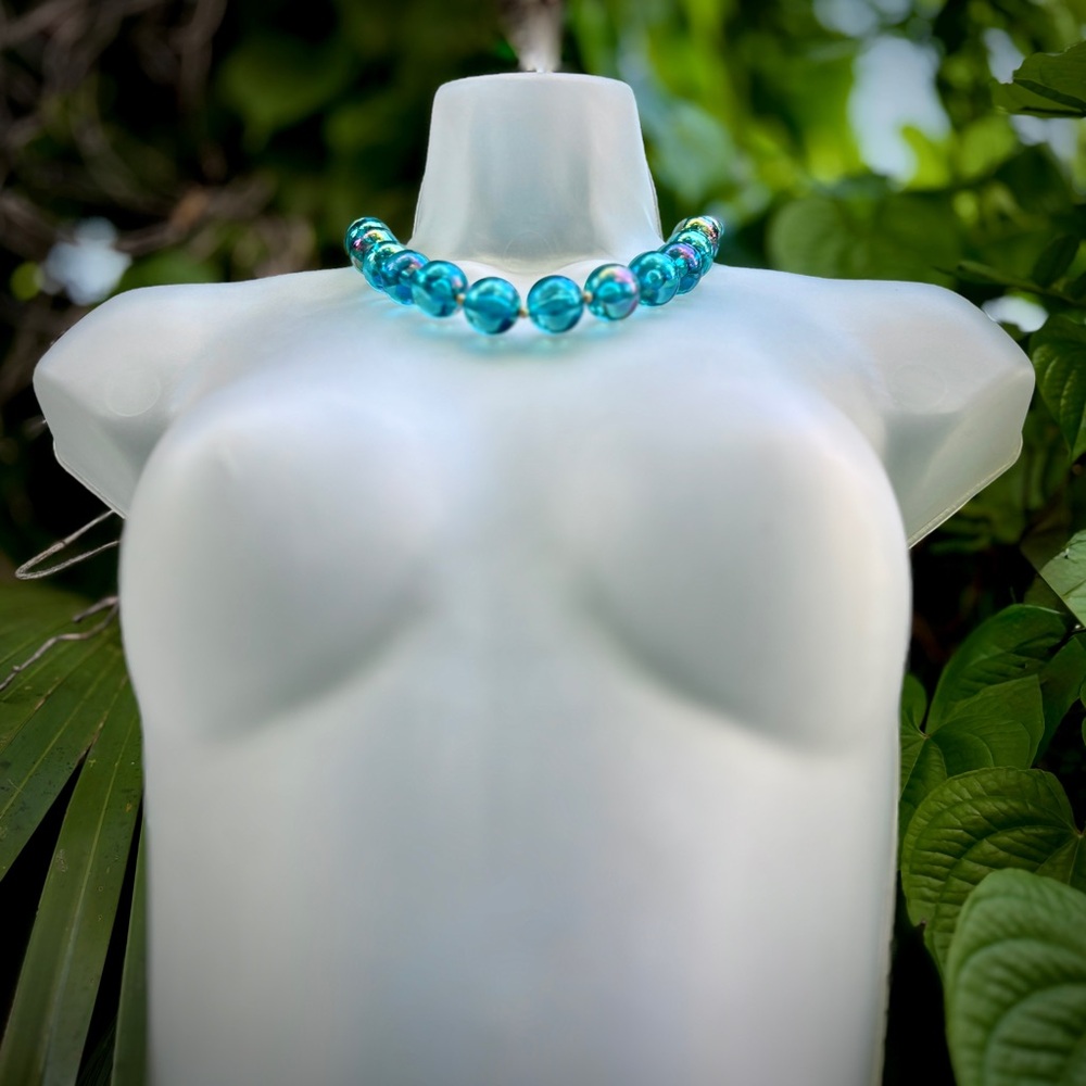 Natasha Couture Clear Blue Acrylic Ball Necklace Retro Iridescent Gold Cocktail - Picture 6 of 14